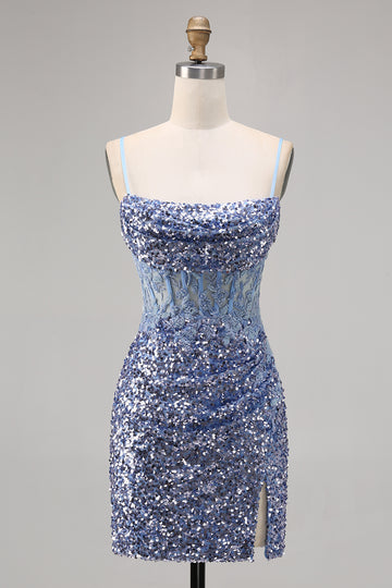 Sparkly Grey Blue Corset Homecoming Dress with Slit
